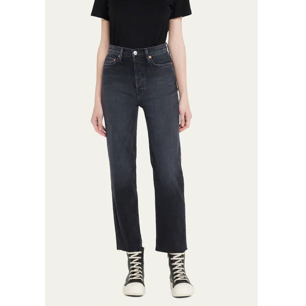 RE/DONE 70s Stovepipe Distressed Straight Fit Jeans in Black 85, Women's Size 27